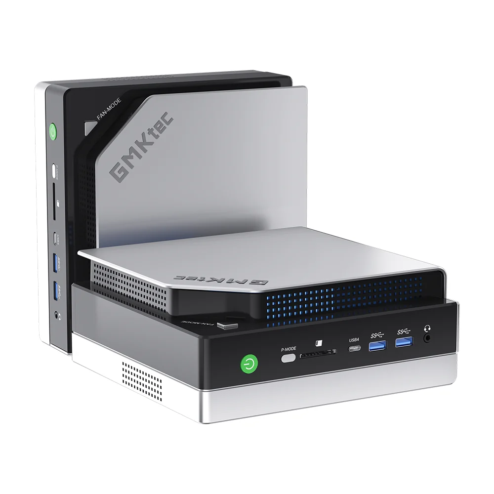Die PrivateAI Box: ein flacher, silberner Mini-PC; dahinter dasselbe Gerät hochkant aufgestellt.